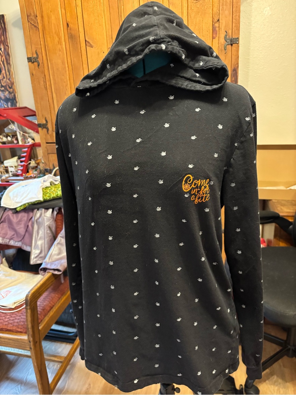 Black Hoodie Top with Tiny White Dot Pattern and Yellow Script
